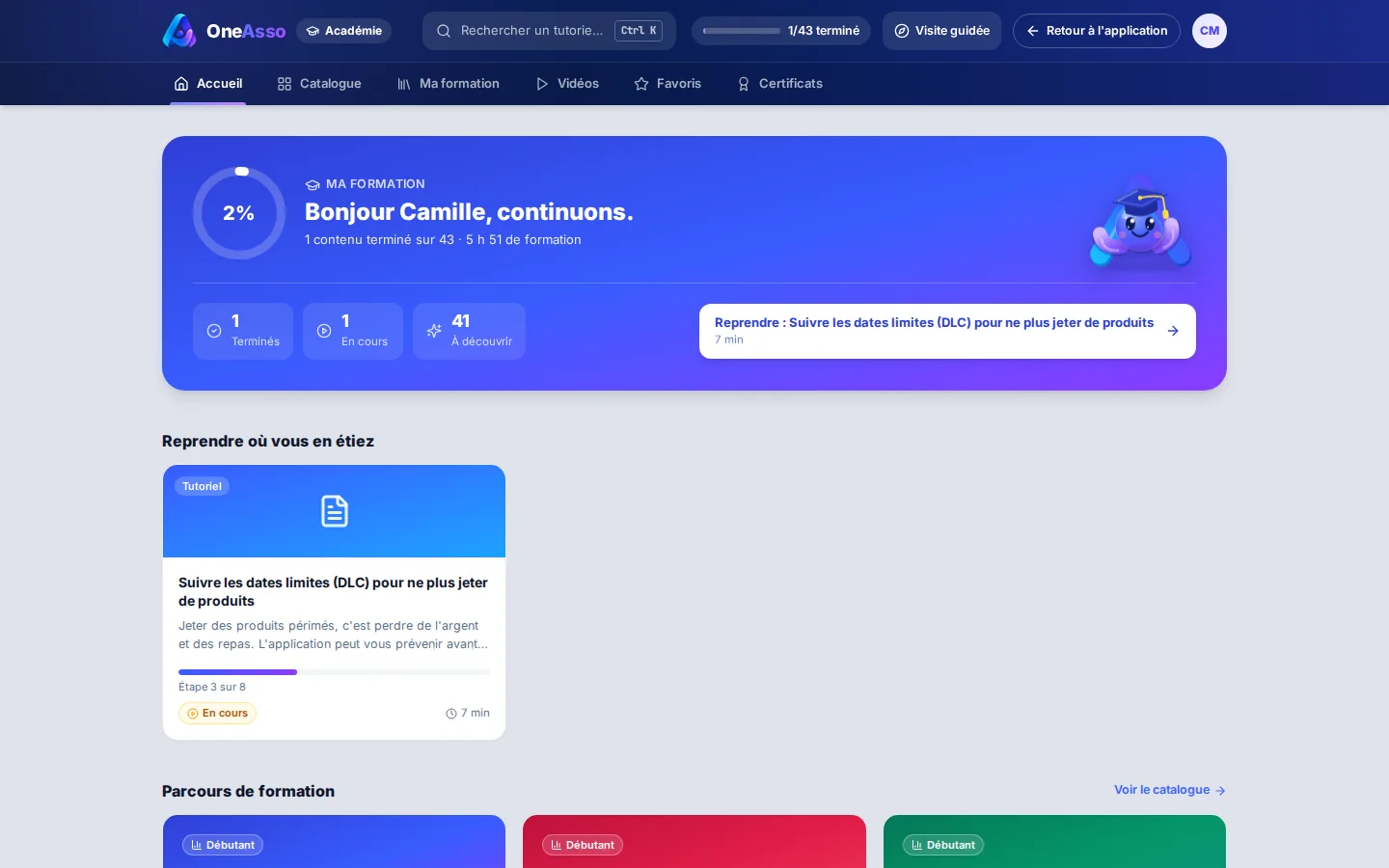 Accueil de l'Académie : progression, tutoriel à reprendre, parcours de formation proposés