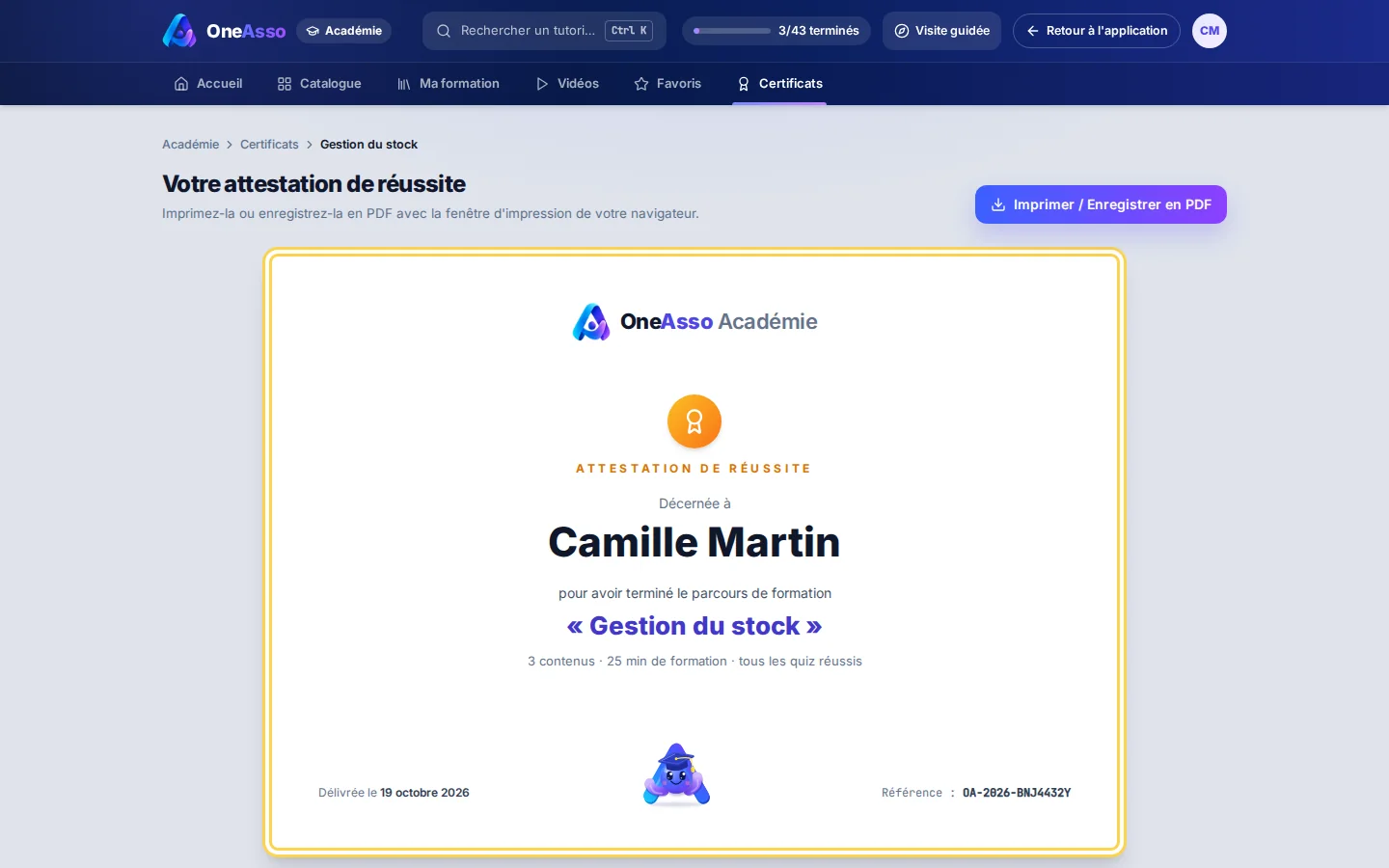 Attestation de réussite OneAsso Académie : nom de la personne, parcours terminé, date et référence unique