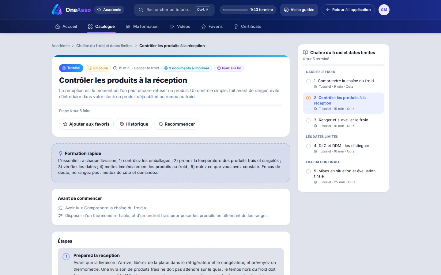 Leçon « Contrôler les produits à la réception » : objectif, formation rapide, étapes, puce des documents à imprimer, plan du parcours à droite