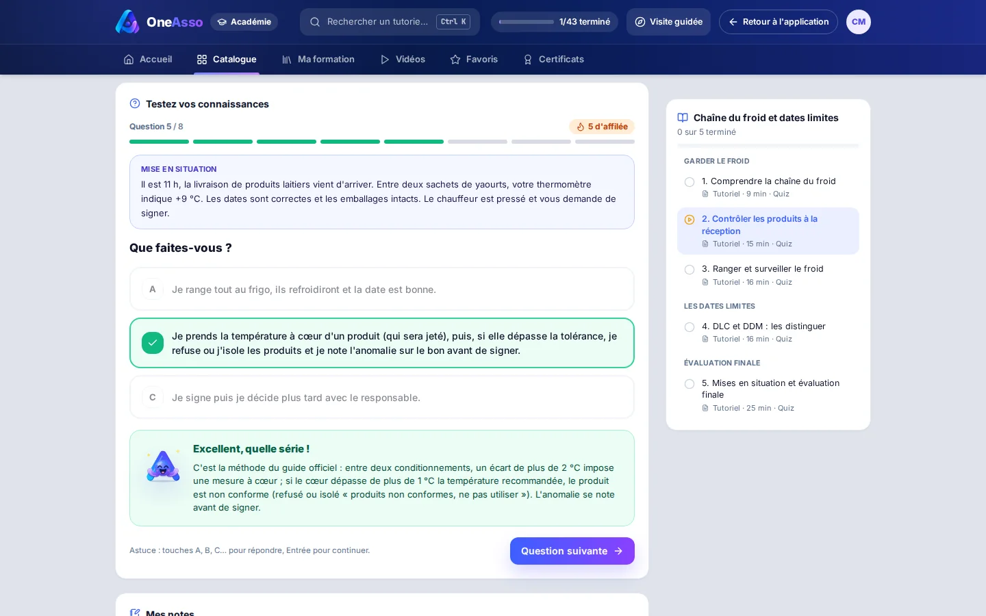 Défi de la leçon « Contrôler les produits à la réception » : mise en situation, réponses A B C, bonne réponse en vert et correction argumentée avec Maya