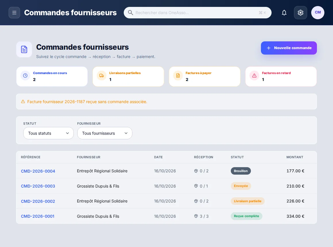 Commandes fournisseurs : quatre commandes à des stades différents (brouillon, envoyée, livraison partielle, reçue complète), factures à payer et facture en retard