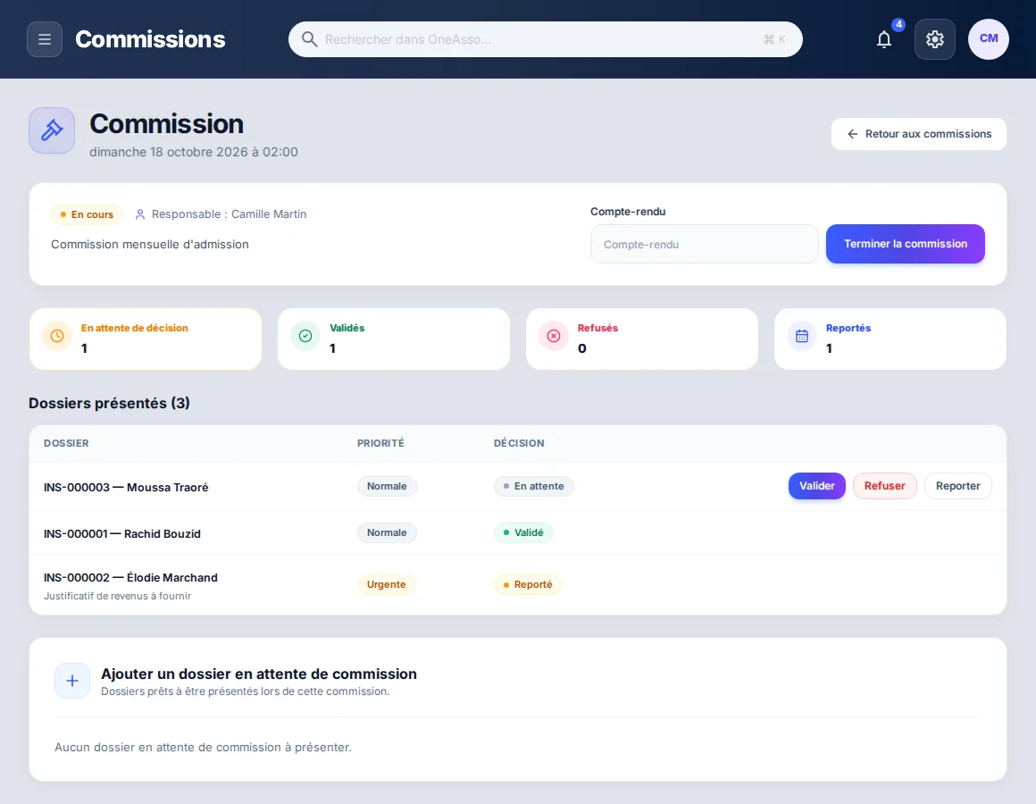 Commission d'admission : trois dossiers présentés, un validé, un reporté, un en attente de décision